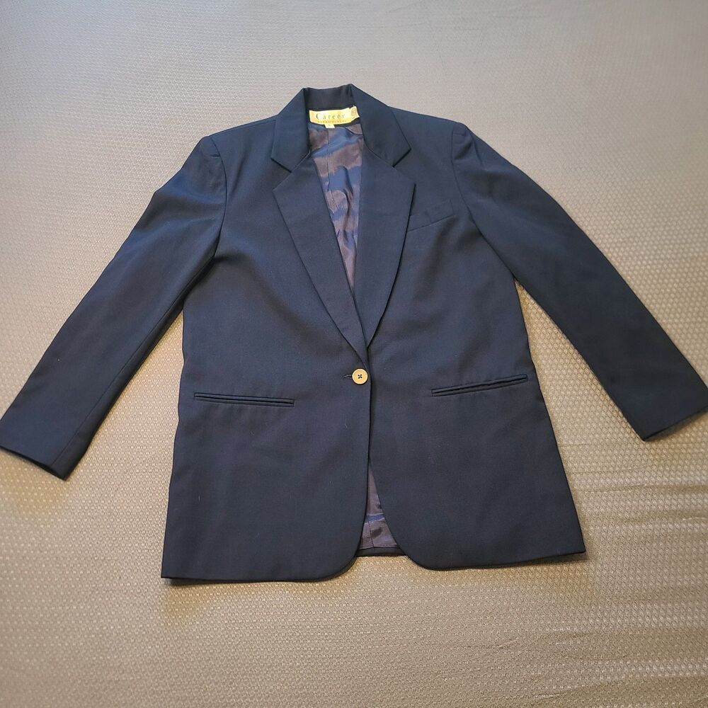 Vintage Career Essentials Blazer Women's Sz  8 Navy Wool 100% 1 Button Pockets